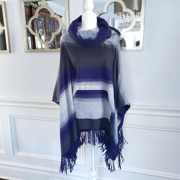 Free People Boho Desert Dream Cowl Neck Fringe Poncho Serape Purple Blue Gray OS - Picture 4 of 10